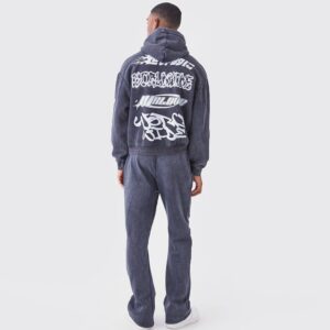 Tall Oversized Boxy Ribbed Puff Print Wash Hooded Tracksuit