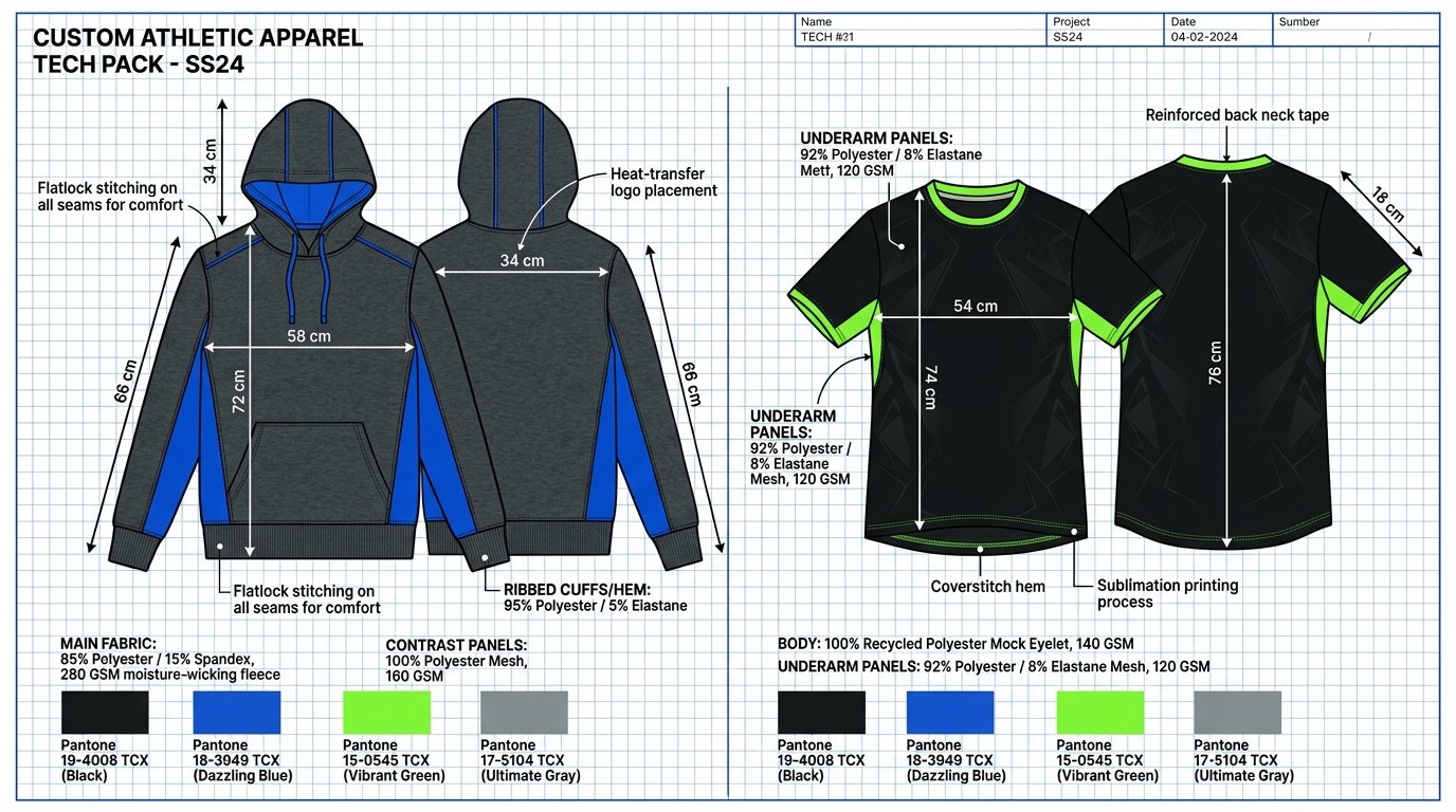 Custom Apparel Tech Pack Measurement Blueprint & Pantone Guide - Sports Outlines Sialkot