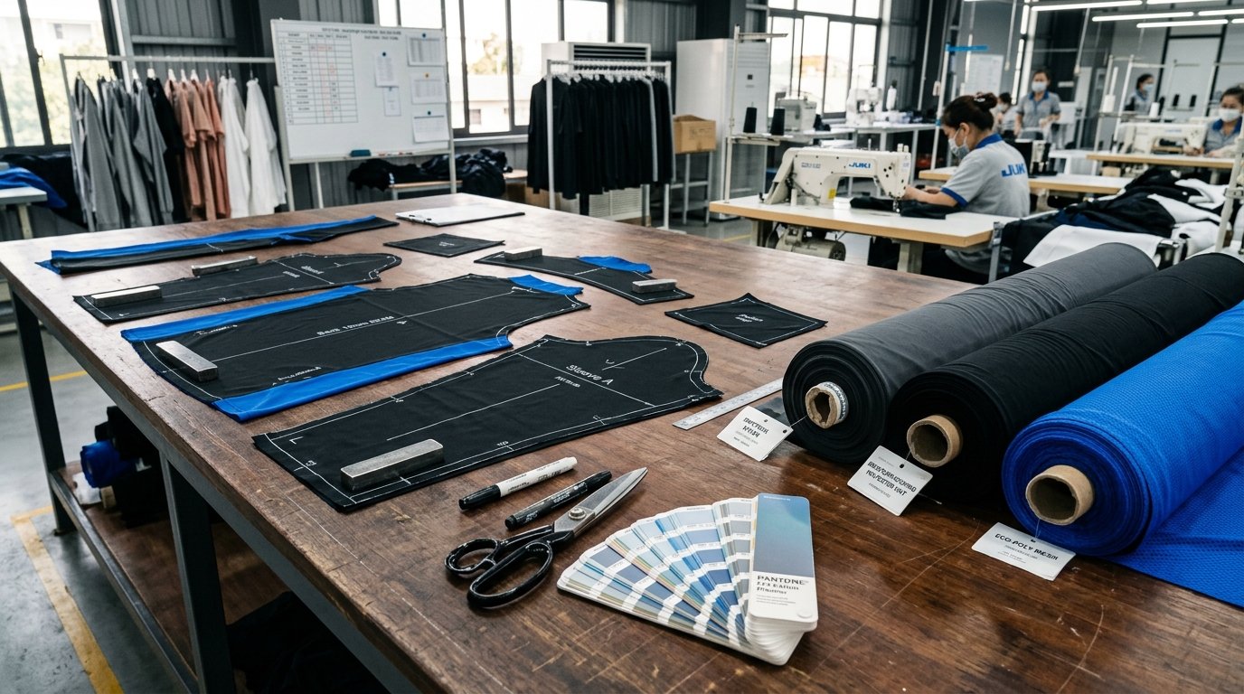 Custom Cut and Sew Pattern Panels Laid Out on Garment Cutting Table Precision Cut and Sew Garment Pattern Panels and Shears in Sialkot Activewear Factory