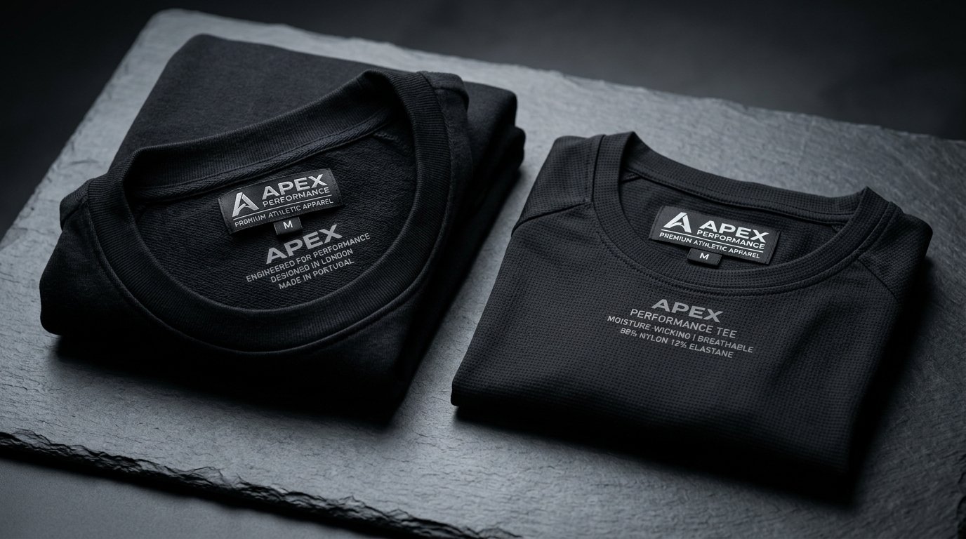 Custom Private Label Woven Neck Labels on Performance Activewear Private Label Activewear Garments with Custom Woven Damask Labels and Care Tags