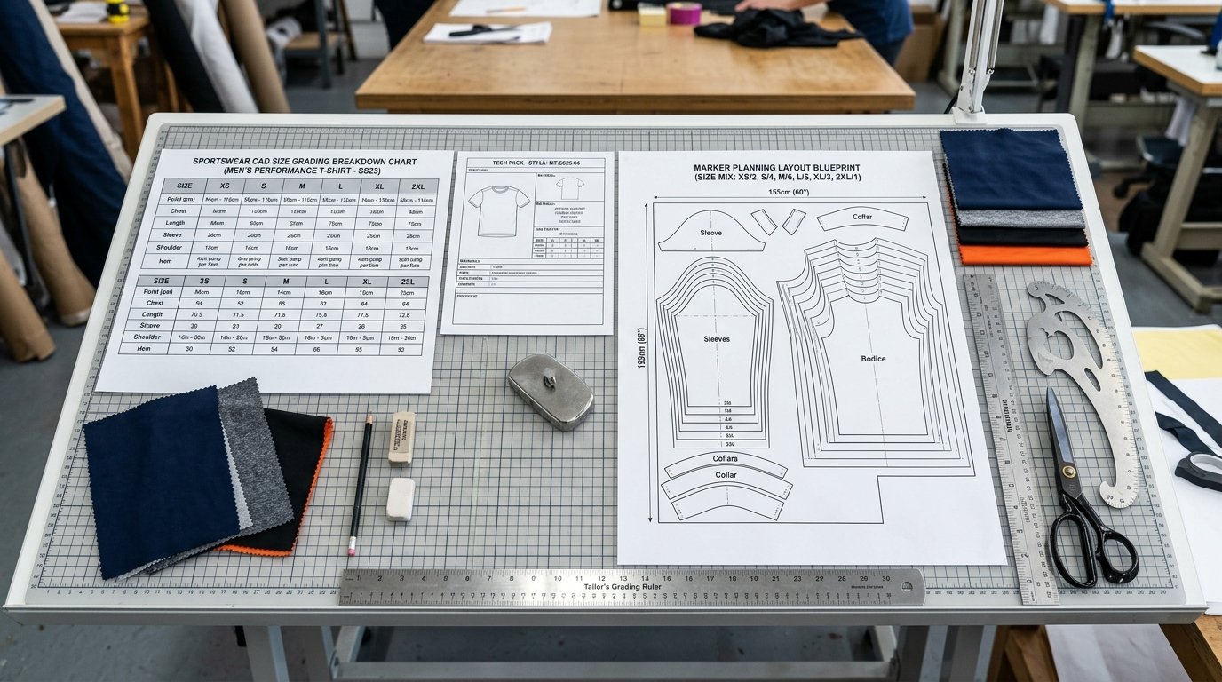 Sportswear CAD Size Grading Chart and Precision Cutting Layout Blueprint