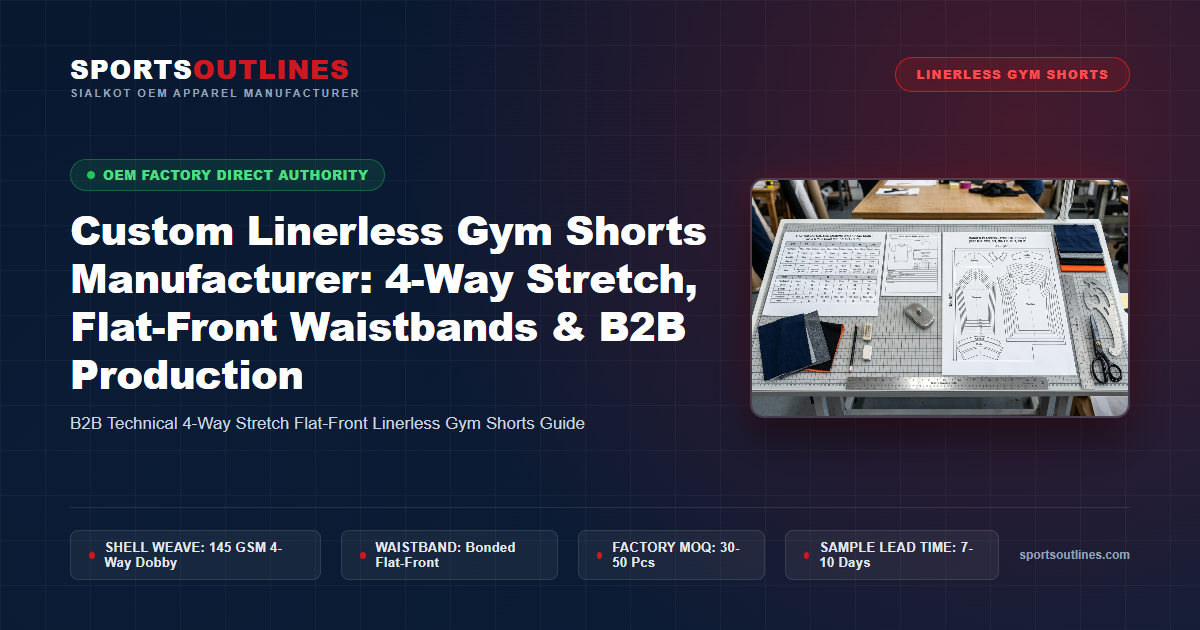 Read more about the article Custom Linerless Gym Shorts Manufacturer: 4-Way Stretch, Flat-Front Waistbands & B2B Production