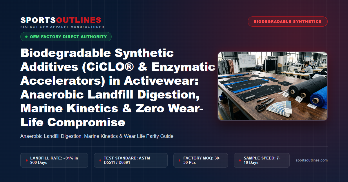 Biodegradable Synthetic Additives (CiCLO® & Enzymatic Accelerators) in Activewear: Anaerobic Landfill Digestion, Marine Kinetics & Zero Wear-Life Compromise - Sports Outlines Sialkot Manufacturer