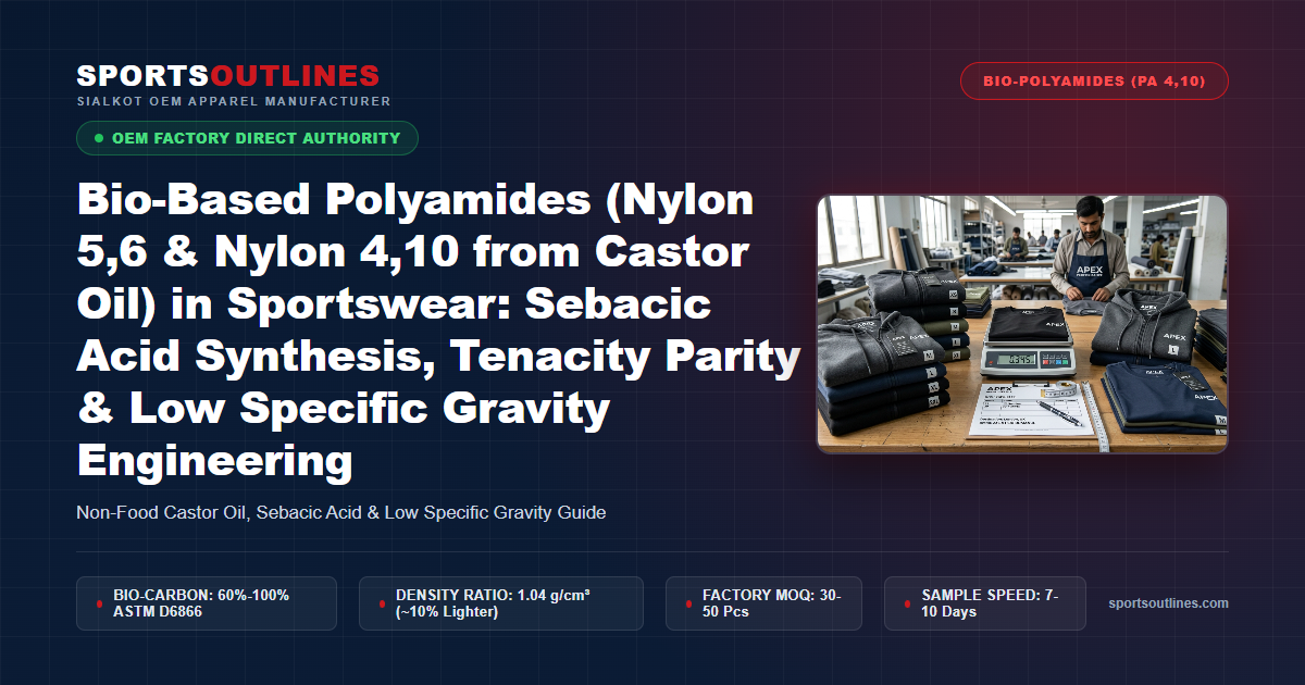 Bio-Based Polyamides (Nylon 5,6 & Nylon 4,10 from Castor Oil) in Sportswear: Sebacic Acid Synthesis, Tenacity Parity & Low Specific Gravity Engineering - Sports Outlines Sialkot Manufacturer