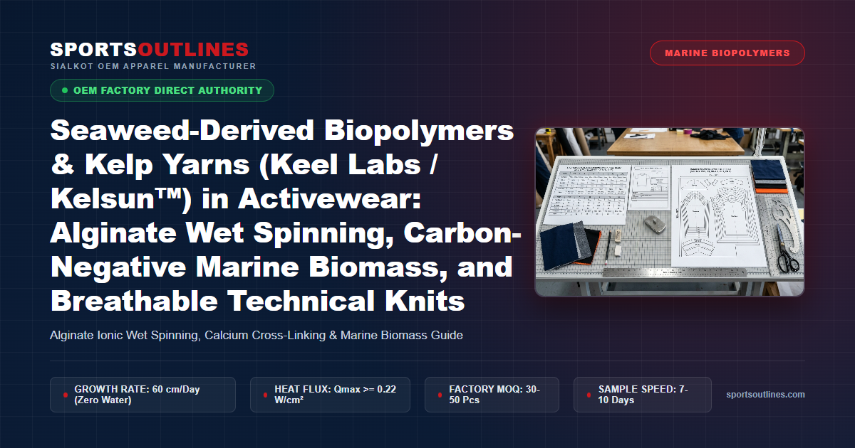 Seaweed-Derived Biopolymers & Kelp Yarns (Keel Labs / Kelsun™) in Activewear: Alginate Wet Spinning, Carbon-Negative Marine Biomass, and Breathable Technical Knits - Sports Outlines Sialkot Manufacturer