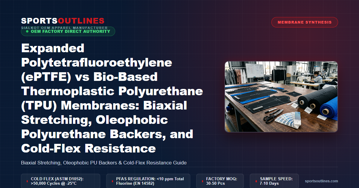 Expanded Polytetrafluoroethylene (ePTFE) vs Bio-Based Thermoplastic Polyurethane (TPU) Membranes: Biaxial Stretching, Oleophobic Polyurethane Backers, and Cold-Flex Resistance - Sports Outlines Sialkot Manufacturer