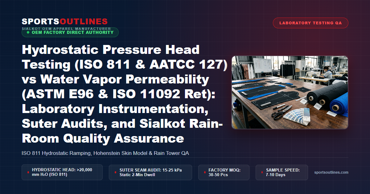 Hydrostatic Pressure Head Testing (ISO 811 & AATCC 127) vs Water Vapor Permeability (ASTM E96 & ISO 11092 Ret): Laboratory Instrumentation, Suter Audits, and Sialkot Rain-Room Quality Assurance - Sports Outlines Sialkot Manufacturer