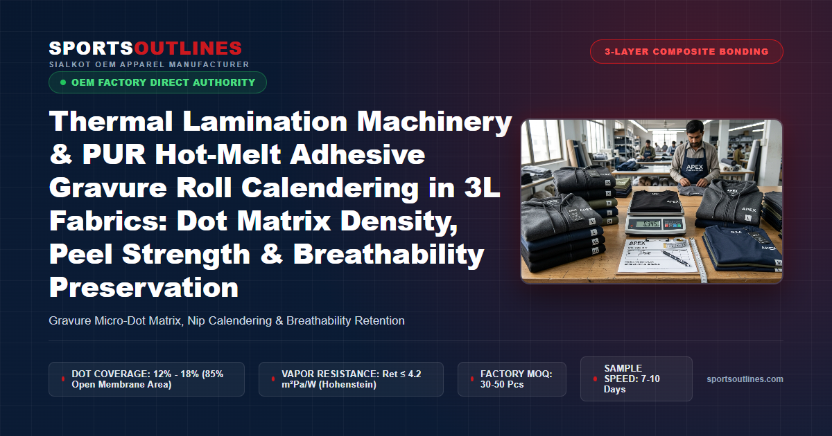 Thermal Lamination Machinery & PUR Hot-Melt Adhesive Gravure Roll Calendering in 3L Fabrics: Dot Matrix Density, Peel Strength & Breathability Preservation - Sports Outlines Sialkot Manufacturer