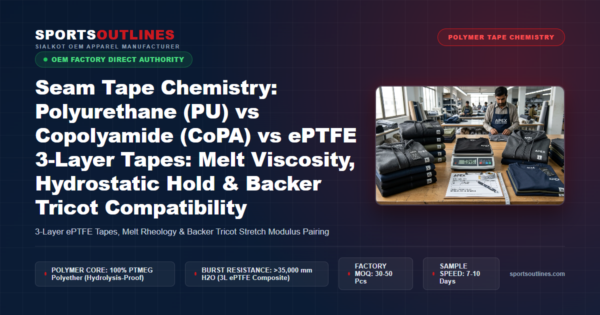 Seam Tape Chemistry: Polyurethane (PU) vs Copolyamide (CoPA) vs ePTFE 3-Layer Tapes: Melt Viscosity, Hydrostatic Hold & Backer Tricot Compatibility - Sports Outlines Sialkot Manufacturer