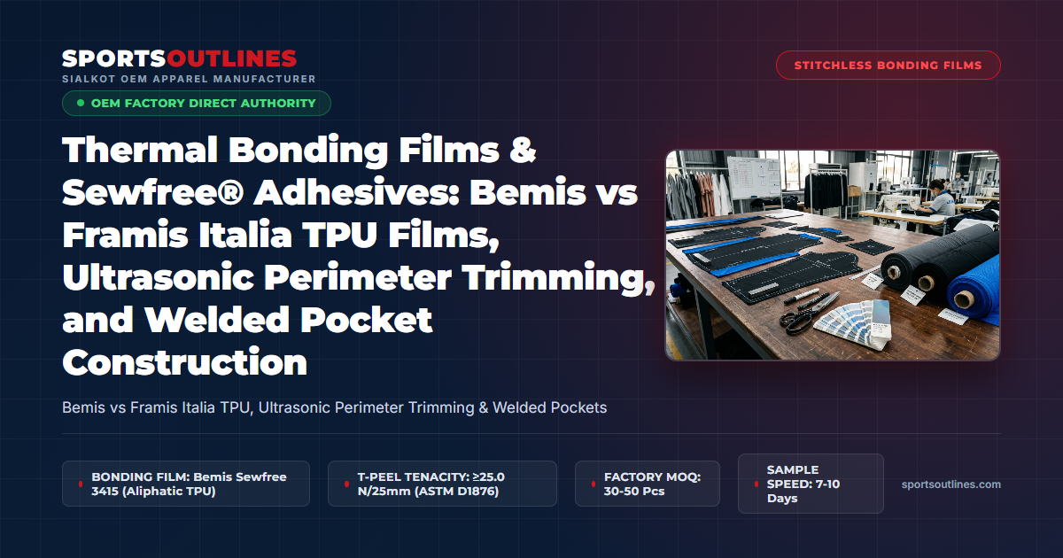 Thermal Bonding Films & Sewfree® Adhesives: Bemis vs Framis Italia TPU Films, Ultrasonic Perimeter Trimming, and Welded Pocket Construction - Sports Outlines Sialkot Manufacturer