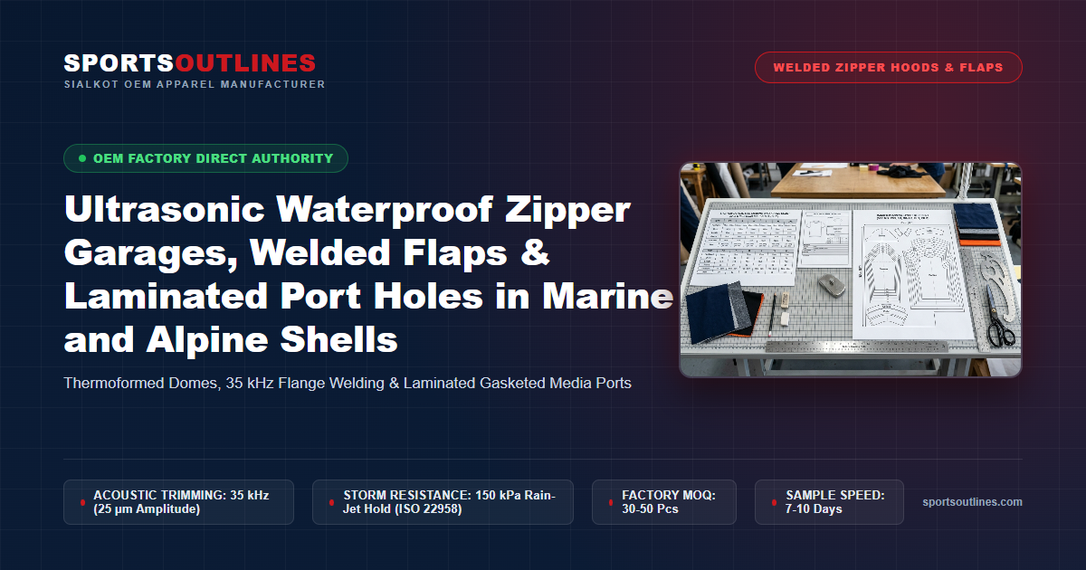 Ultrasonic Waterproof Zipper Garages, Welded Flaps & Laminated Port Holes in Marine and Alpine Shells - Sports Outlines Sialkot Manufacturer