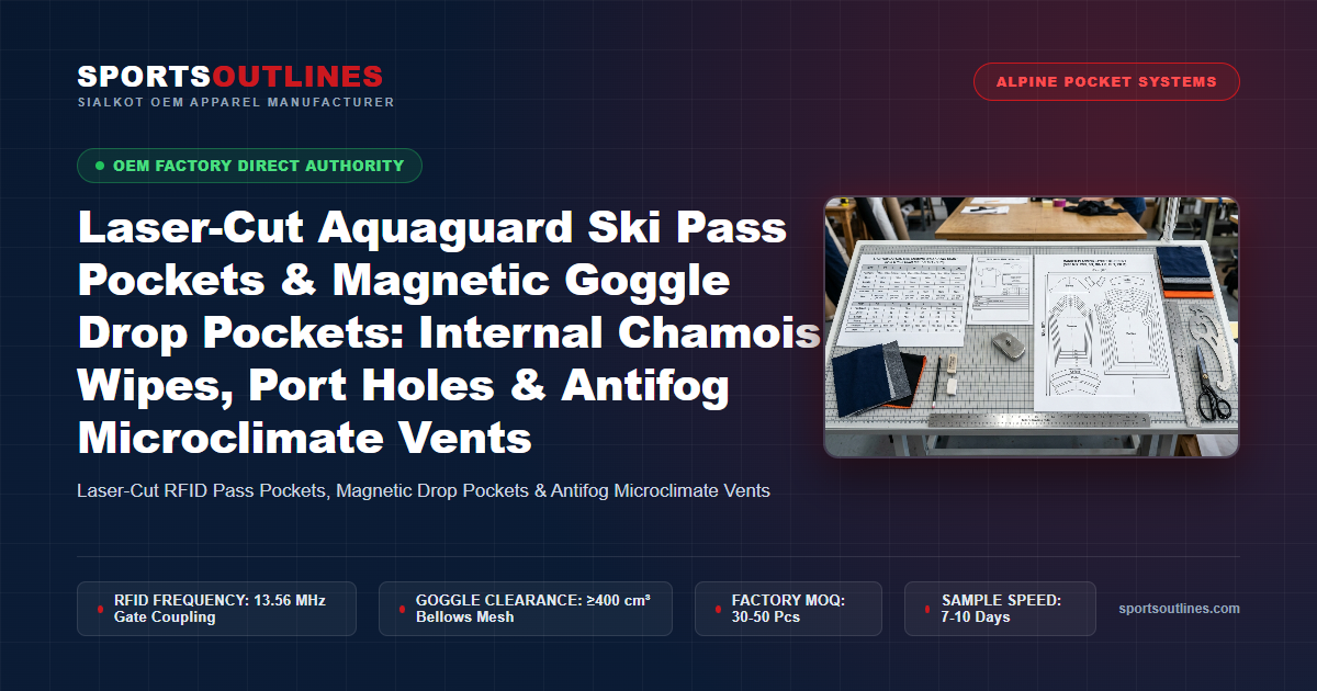 Laser-Cut Aquaguard Ski Pass Pockets & Magnetic Goggle Drop Pockets: Internal Chamois Wipes, Port Holes & Antifog Microclimate Vents - Sports Outlines Sialkot Manufacturer