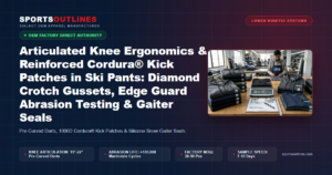 Articulated Knee Ergonomics & Reinforced Cordura® Kick Patches in Ski Pants: Diamond Crotch Gussets, Edge Guard Abrasion Testing & Gaiter Seals - Sports Outlines Sialkot Manufacturer