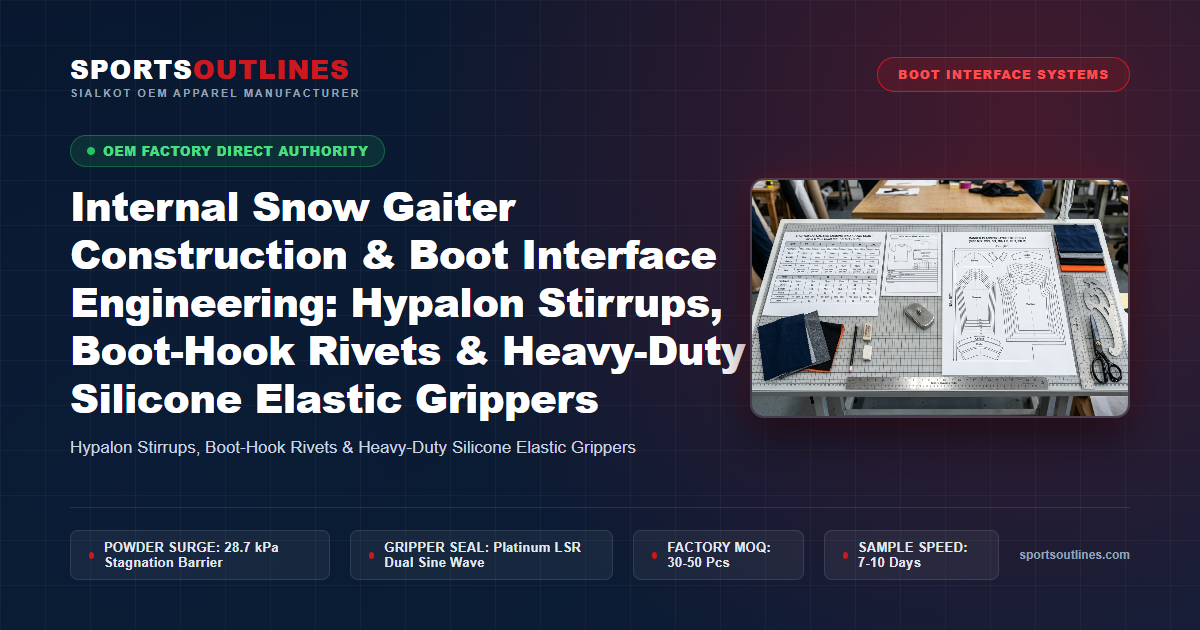 Internal Snow Gaiter Construction & Boot Interface Engineering: Hypalon Stirrups, Boot-Hook Rivets & Heavy-Duty Silicone Elastic Grippers - Sports Outlines Sialkot Manufacturer