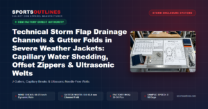 Technical Storm Flap Drainage Channels & Gutter Folds in Severe Weather Jackets: Capillary Water Shedding, Offset Zippers & Ultrasonic Welts - Sports Outlines Sialkot Manufacturer