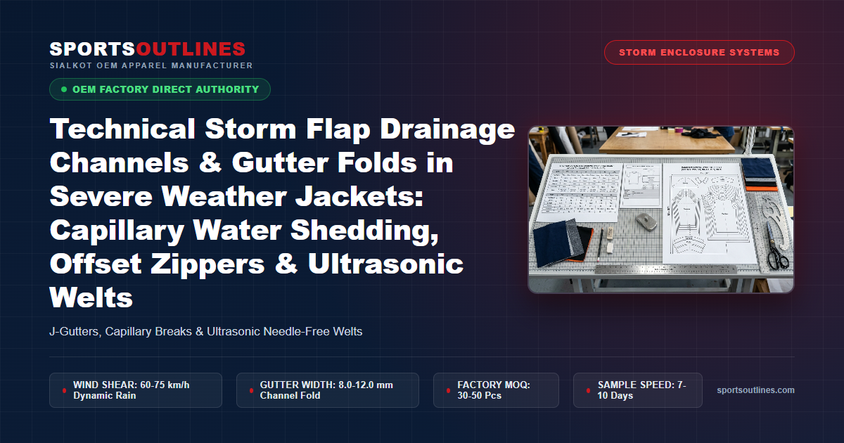 Technical Storm Flap Drainage Channels & Gutter Folds in Severe Weather Jackets: Capillary Water Shedding, Offset Zippers & Ultrasonic Welts - Sports Outlines Sialkot Manufacturer