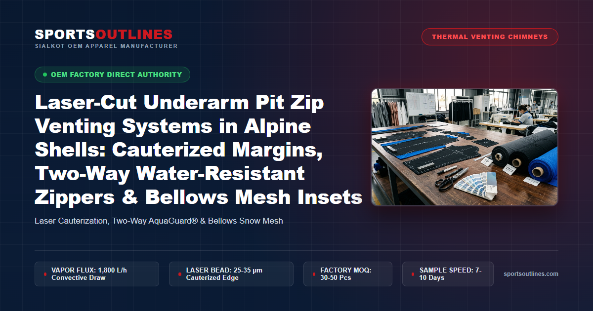 Laser-Cut Underarm Pit Zip Venting Systems in Alpine Shells: Cauterized Margins, Two-Way Water-Resistant Zippers & Bellows Mesh Insets - Sports Outlines Sialkot Manufacturer