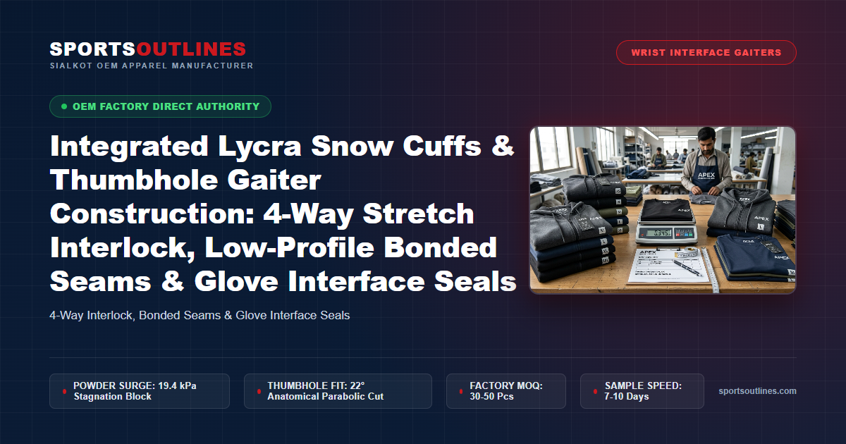 Integrated Lycra Snow Cuffs & Thumbhole Gaiter Construction: 4-Way Stretch Interlock, Low-Profile Bonded Seams & Glove Interface Seals - Sports Outlines Sialkot Manufacturer