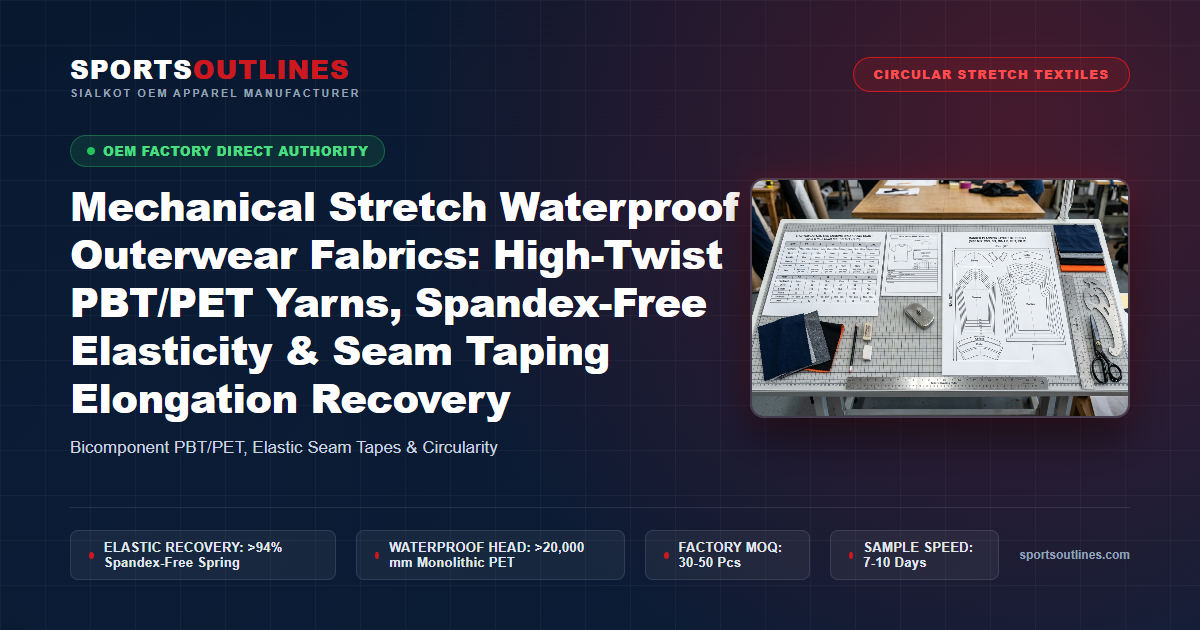 Mechanical Stretch Waterproof Outerwear Fabrics: High-Twist PBT/PET Yarns, Spandex-Free Elasticity & Seam Taping Elongation Recovery - Sports Outlines Sialkot Manufacturer