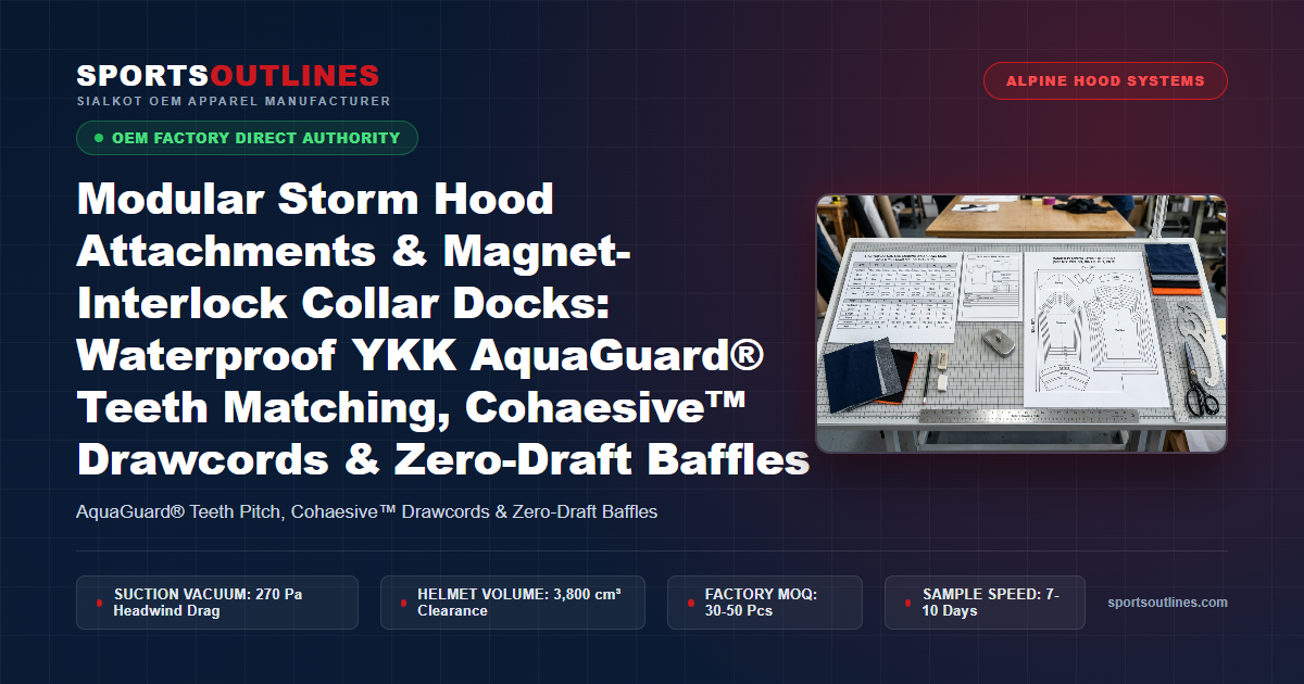 Modular Storm Hood Attachments & Magnet-Interlock Collar Docks: Waterproof YKK AquaGuard® Teeth Matching, Cohaesive™ Drawcords & Zero-Draft Baffles - Sports Outlines Sialkot Manufacturer