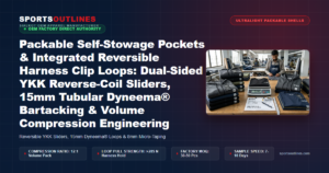 Packable Self-Stowage Pockets & Integrated Reversible Harness Clip Loops: Dual-Sided YKK Reverse-Coil Sliders, 15mm Tubular Dyneema® Bartacking & Volume Compression Engineering - Sports Outlines Sialkot Manufacturer