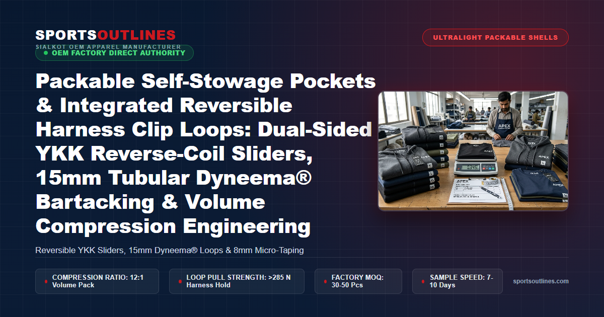 Packable Self-Stowage Pockets & Integrated Reversible Harness Clip Loops: Dual-Sided YKK Reverse-Coil Sliders, 15mm Tubular Dyneema® Bartacking & Volume Compression Engineering - Sports Outlines Sialkot Manufacturer