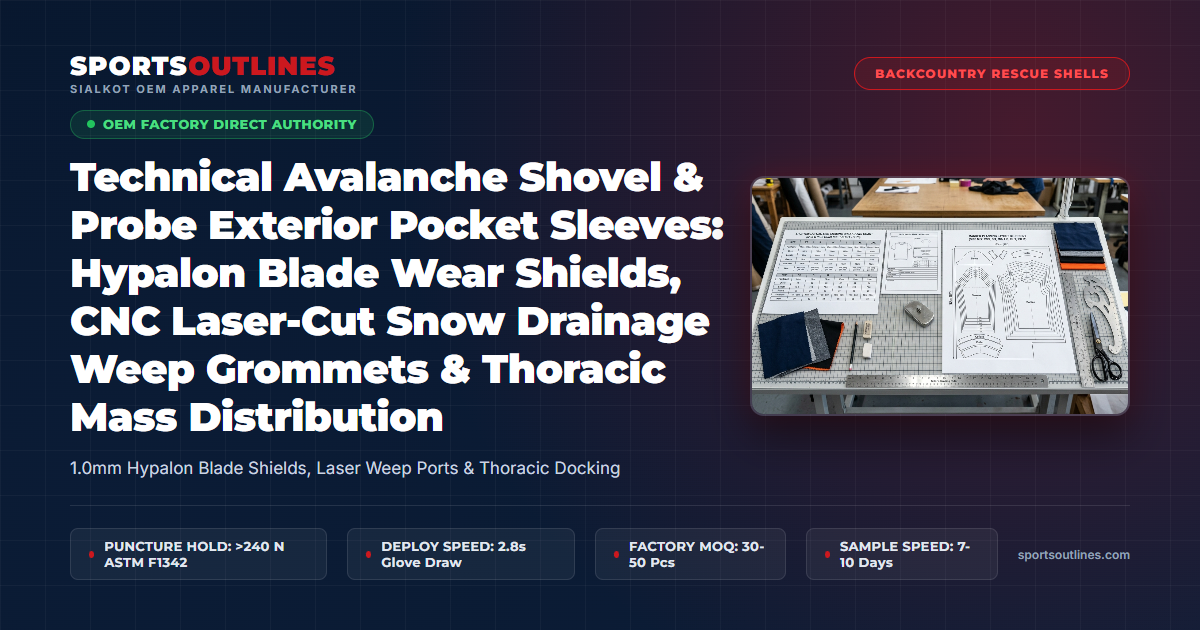 Technical Avalanche Shovel & Probe Exterior Pocket Sleeves: Hypalon Blade Wear Shields, CNC Laser-Cut Snow Drainage Weep Grommets & Thoracic Mass Distribution - Sports Outlines Sialkot Manufacturer
