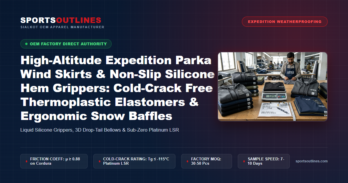 High-Altitude Expedition Parka Wind Skirts & Non-Slip Silicone Hem Grippers: Cold-Crack Free Thermoplastic Elastomers & Ergonomic Snow Baffles - Sports Outlines Sialkot Manufacturer