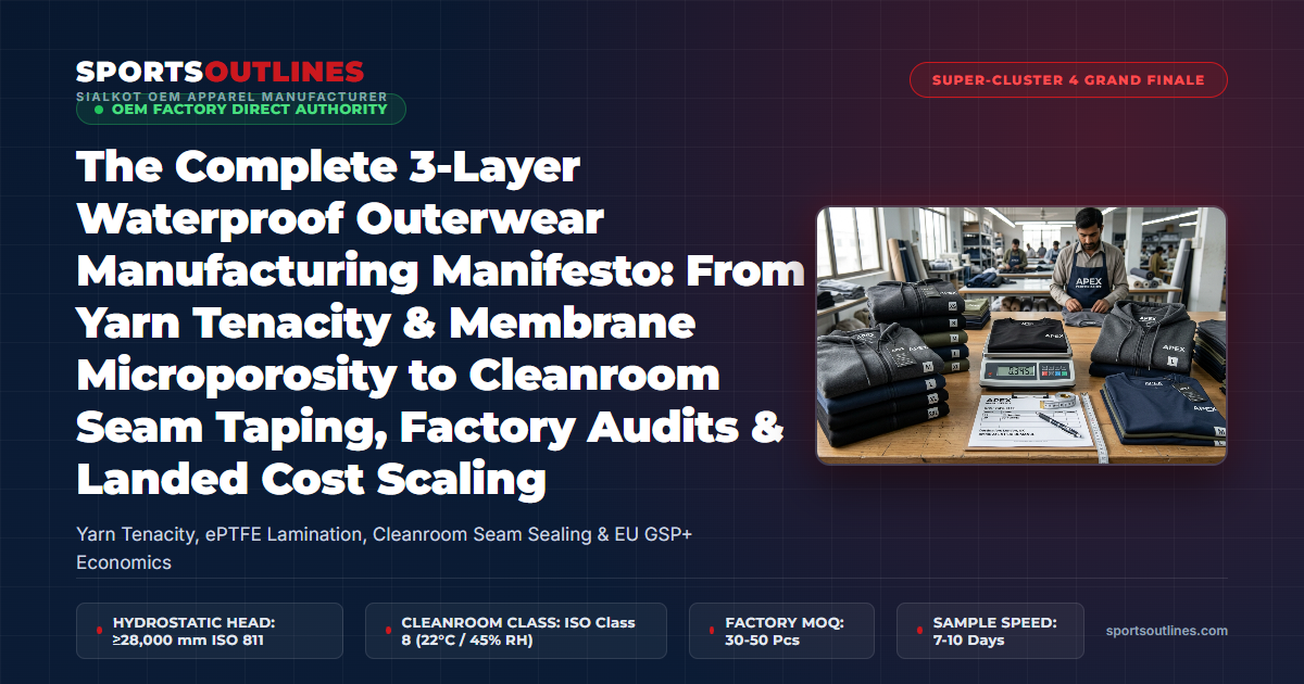 The Complete 3-Layer Waterproof Outerwear Manufacturing Manifesto: From Yarn Tenacity & Membrane Microporosity to Cleanroom Seam Taping, Factory Audits & Landed Cost Scaling - Sports Outlines Sialkot Manufacturer