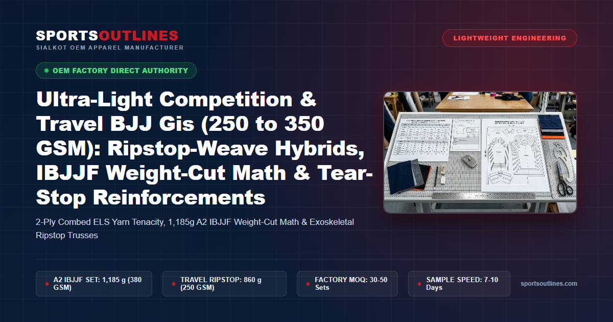 Ultra-Light Competition & Travel BJJ Gis (250 to 350 GSM): Ripstop-Weave Hybrids, IBJJF Weight-Cut Math & Tear-Stop Reinforcements - Sports Outlines Sialkot Manufacturer