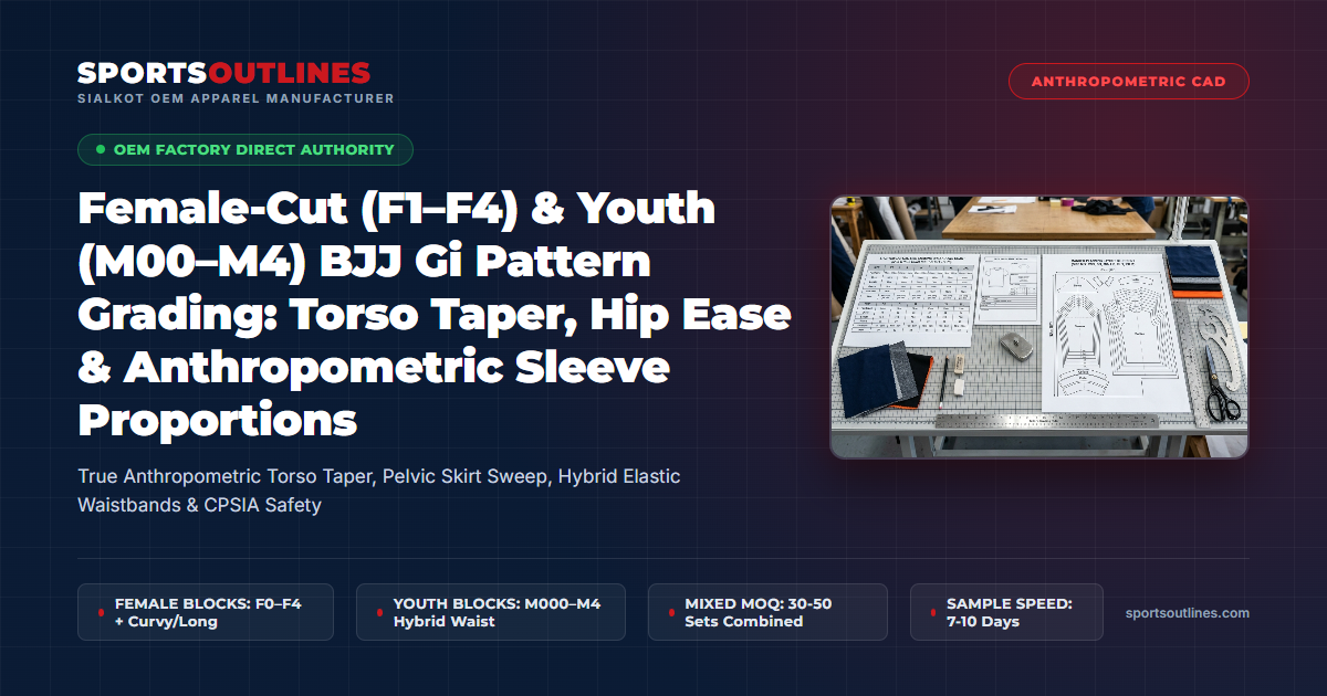 Female-Cut (F1–F4) & Youth (M00–M4) BJJ Gi Pattern Grading: Torso Taper, Hip Ease & Anthropometric Sleeve Proportions - Sports Outlines Sialkot Manufacturer