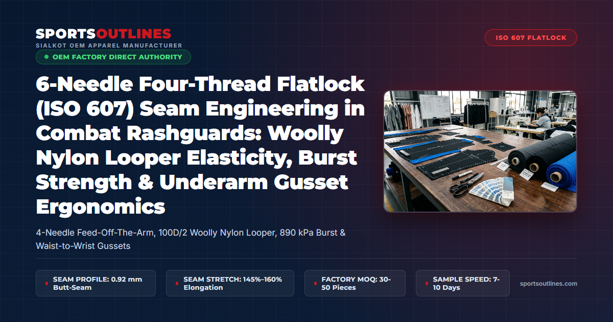 6-Needle Four-Thread Flatlock (ISO 607) Seam Engineering in Combat Rashguards: Woolly Nylon Looper Elasticity, Burst Strength & Underarm Gusset Ergonomics - Sports Outlines Sialkot Manufacturer