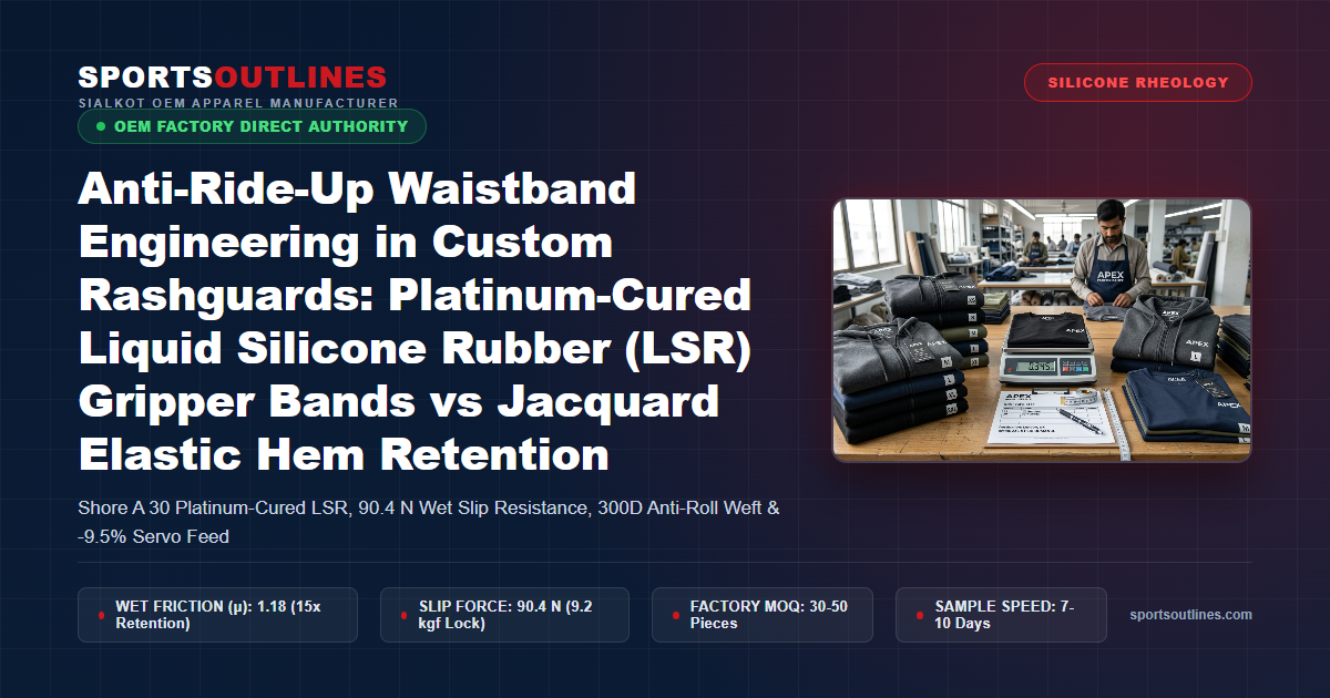 Anti-Ride-Up Waistband Engineering in Custom Rashguards: Platinum-Cured Liquid Silicone Rubber (LSR) Gripper Bands vs Jacquard Elastic Hem Retention - Sports Outlines Sialkot Manufacturer