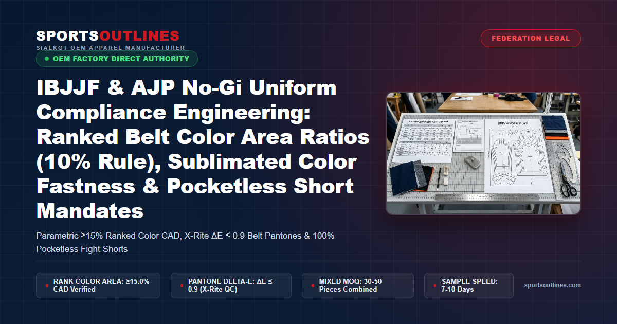 IBJJF & AJP No-Gi Uniform Compliance Engineering: Ranked Belt Color Area Ratios (10% Rule), Sublimated Color Fastness & Pocketless Short Mandates - Sports Outlines Sialkot Manufacturer