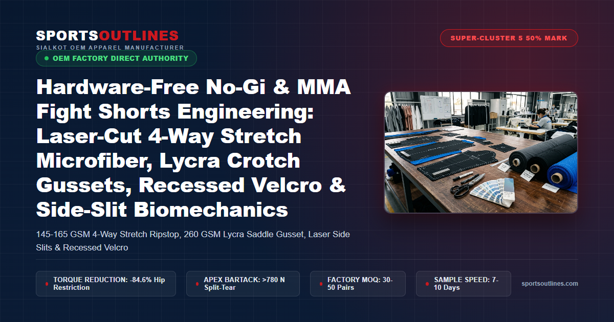 Hardware-Free No-Gi & MMA Fight Shorts Engineering: Laser-Cut 4-Way Stretch Microfiber, Lycra Crotch Gussets, Recessed Velcro & Side-Slit Biomechanics - Sports Outlines Sialkot Manufacturer