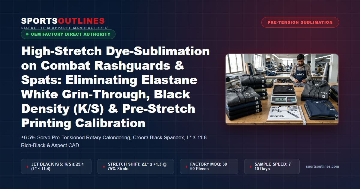 High-Stretch Dye-Sublimation on Combat Rashguards & Spats: Eliminating Elastane White Grin-Through, Black Density (K/S) & Pre-Stretch Printing Calibration - Sports Outlines Sialkot Manufacturer