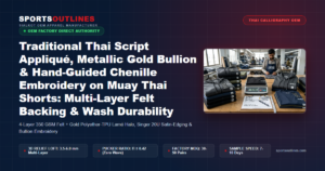 Traditional Thai Script Appliqué, Metallic Gold Bullion & Hand-Guided Chenille Embroidery on Muay Thai Shorts: Multi-Layer Felt Backing & Wash Durability - Sports Outlines Sialkot Manufacturer