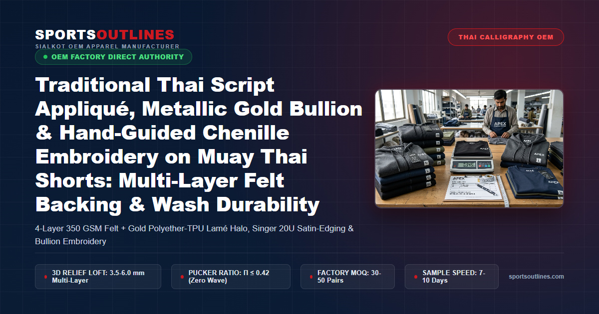 Traditional Thai Script Appliqué, Metallic Gold Bullion & Hand-Guided Chenille Embroidery on Muay Thai Shorts: Multi-Layer Felt Backing & Wash Durability - Sports Outlines Sialkot Manufacturer