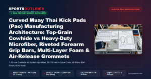 Curved Muay Thai Kick Pads (Pao) Manufacturing Architecture: Top-Grain Cowhide vs Heavy-Duty Microfiber, Riveted Forearm Grip Bars, Multi-Layer Foam & Air-Release Grommets - Sports Outlines Sialkot Manufacturer