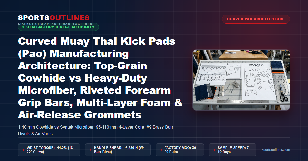 Curved Muay Thai Kick Pads (Pao) Manufacturing Architecture: Top-Grain Cowhide vs Heavy-Duty Microfiber, Riveted Forearm Grip Bars, Multi-Layer Foam & Air-Release Grommets - Sports Outlines Sialkot Manufacturer