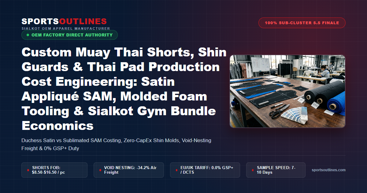 Custom Muay Thai Shorts, Shin Guards & Thai Pad Production Cost Engineering: Satin Appliqué SAM, Molded Foam Tooling & Sialkot Gym Bundle Economics - Sports Outlines Sialkot Manufacturer