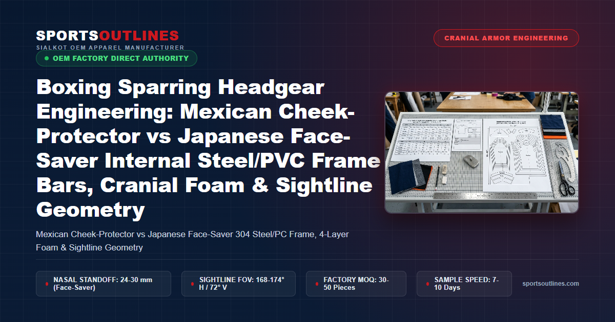 Boxing Sparring Headgear Engineering: Mexican Cheek-Protector vs Japanese Face-Saver Internal Steel/PVC Frame Bars, Cranial Foam & Sightline Geometry - Sports Outlines Sialkot Manufacturer