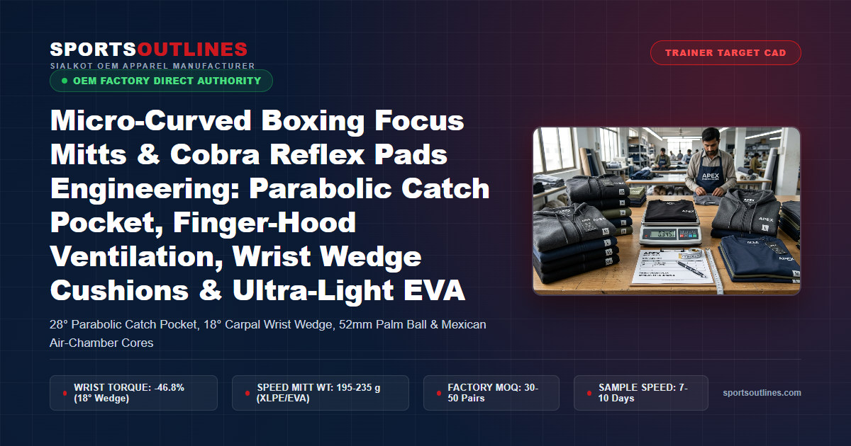 Micro-Curved Boxing Focus Mitts & Cobra Reflex Pads Engineering: Parabolic Catch Pocket, Finger-Hood Ventilation, Wrist Wedge Cushions & Ultra-Light EVA - Sports Outlines Sialkot Manufacturer