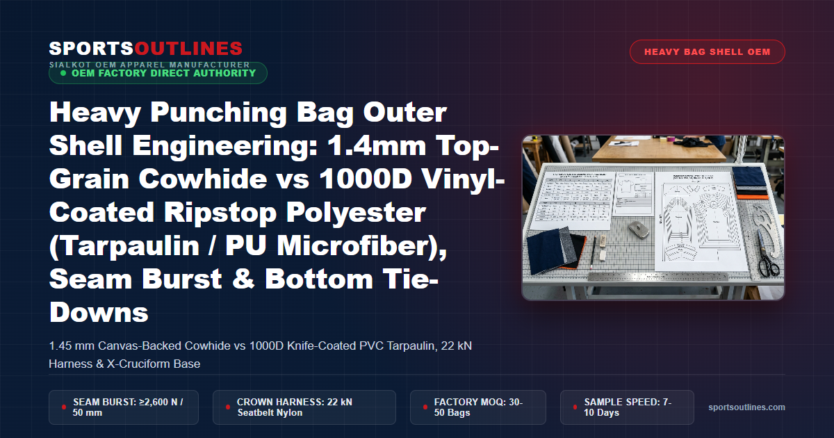 Heavy Punching Bag Outer Shell Engineering: 1.4mm Top-Grain Cowhide vs 1000D Vinyl-Coated Ripstop Polyester (Tarpaulin / PU Microfiber), Seam Burst & Bottom Tie-Downs - Sports Outlines Sialkot Manufacturer