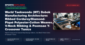World Taekwondo (WT) Dobok Manufacturing Architecture: Ribbed Corduroy/Diamond-Piqué Polyester-Cotton Weaves, V-Neck Ribbing & Poomsae Y-Crossover Tunics - Sports Outlines Sialkot Manufacturer