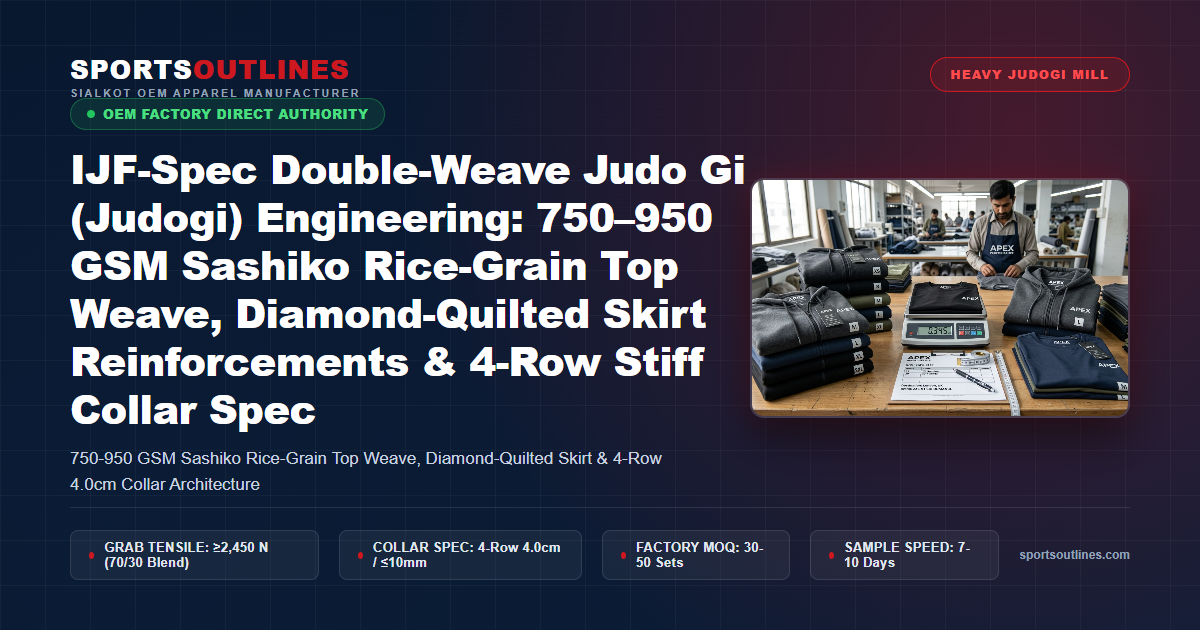 IJF-Spec Double-Weave Judo Gi (Judogi) Engineering: 750–950 GSM Sashiko Rice-Grain Top Weave, Diamond-Quilted Skirt Reinforcements & 4-Row Stiff Collar Spec - Sports Outlines Sialkot Manufacturer