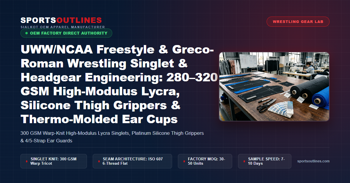 UWW/NCAA Freestyle & Greco-Roman Wrestling Singlet & Headgear Engineering: 280–320 GSM High-Modulus Lycra, Silicone Thigh Grippers & Thermo-Molded Ear Cups - Sports Outlines Sialkot Manufacturer