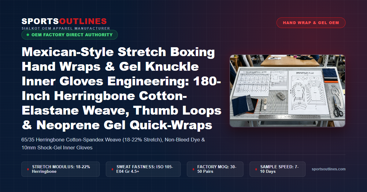 Mexican-Style Stretch Boxing Hand Wraps & Gel Knuckle Inner Gloves Engineering: 180-Inch Herringbone Cotton-Elastane Weave, Thumb Loops & Neoprene Gel Quick-Wraps - Sports Outlines Sialkot Manufacturer