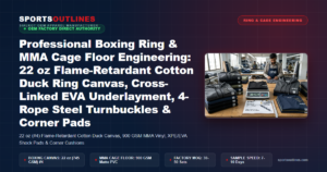 Professional Boxing Ring & MMA Cage Floor Engineering: 22 oz Flame-Retardant Cotton Duck Ring Canvas, Cross-Linked EVA Underlayment, 4-Rope Steel Turnbuckles & Corner Pads - Sports Outlines Sialkot Manufacturer