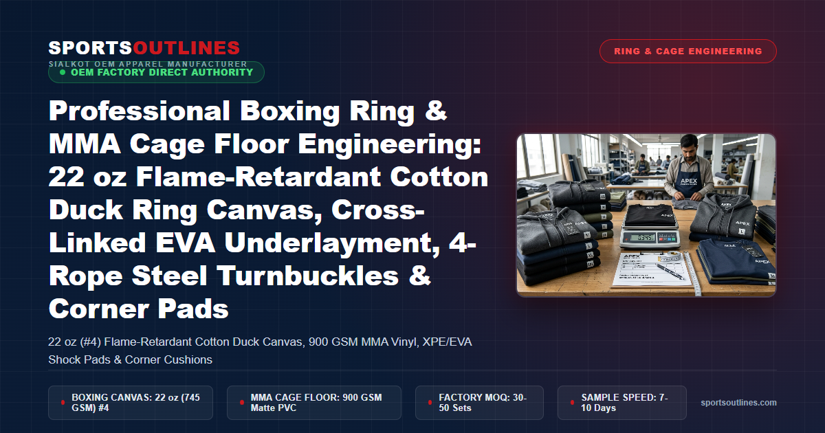 Professional Boxing Ring & MMA Cage Floor Engineering: 22 oz Flame-Retardant Cotton Duck Ring Canvas, Cross-Linked EVA Underlayment, 4-Rope Steel Turnbuckles & Corner Pads - Sports Outlines Sialkot Manufacturer